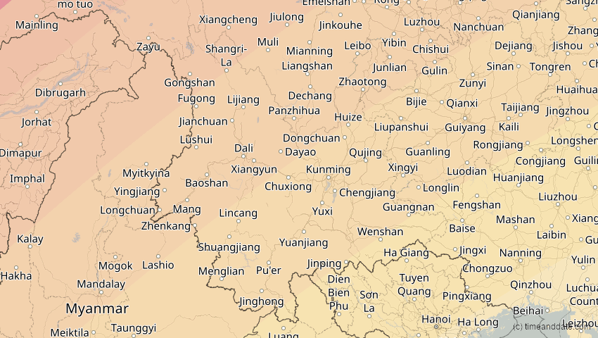 A map of Yunnan, China, showing the path of the 17. Feb 2064 Ringförmige Sonnenfinsternis