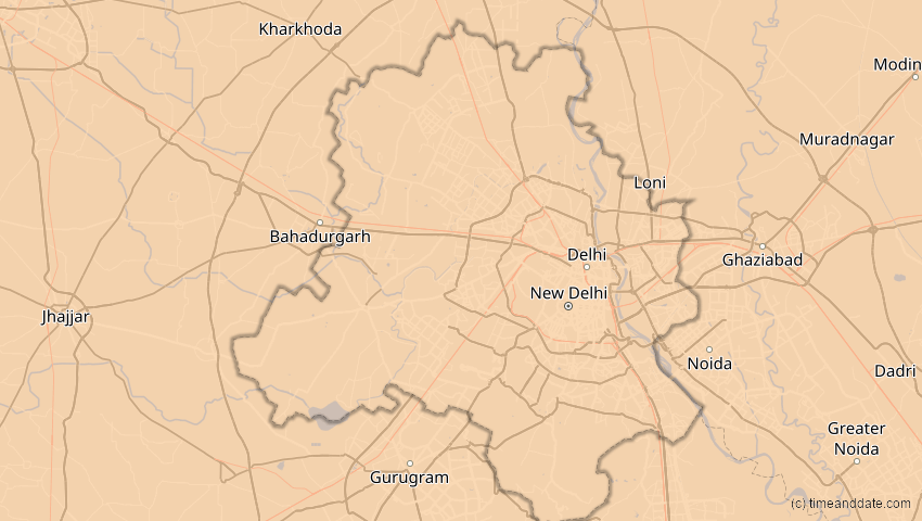 A map of Delhi, Indien, showing the path of the 17. Feb 2064 Ringförmige Sonnenfinsternis