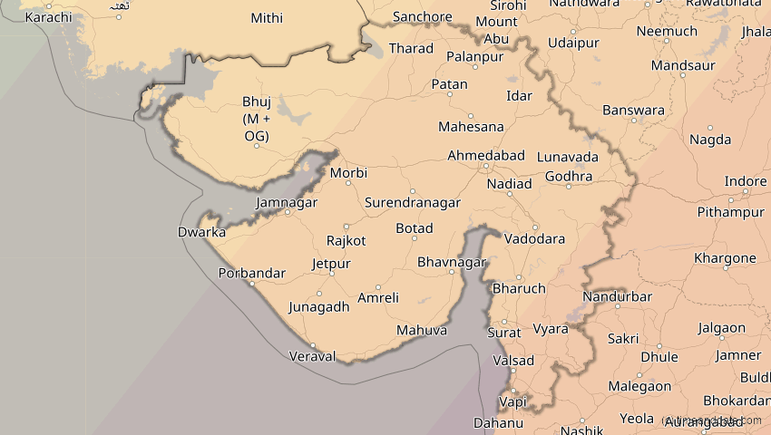 A map of Gujarat, Indien, showing the path of the 17. Feb 2064 Ringförmige Sonnenfinsternis