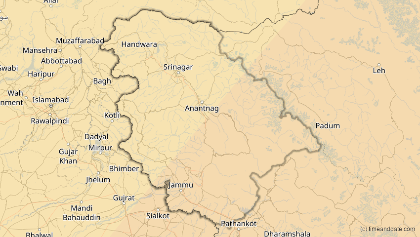 A map of Jammu und Kashmir, Indien, showing the path of the 17. Feb 2064 Ringförmige Sonnenfinsternis