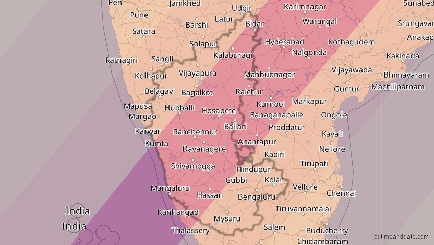 A map of Karnataka, Indien, showing the path of the 17. Feb 2064 Ringförmige Sonnenfinsternis