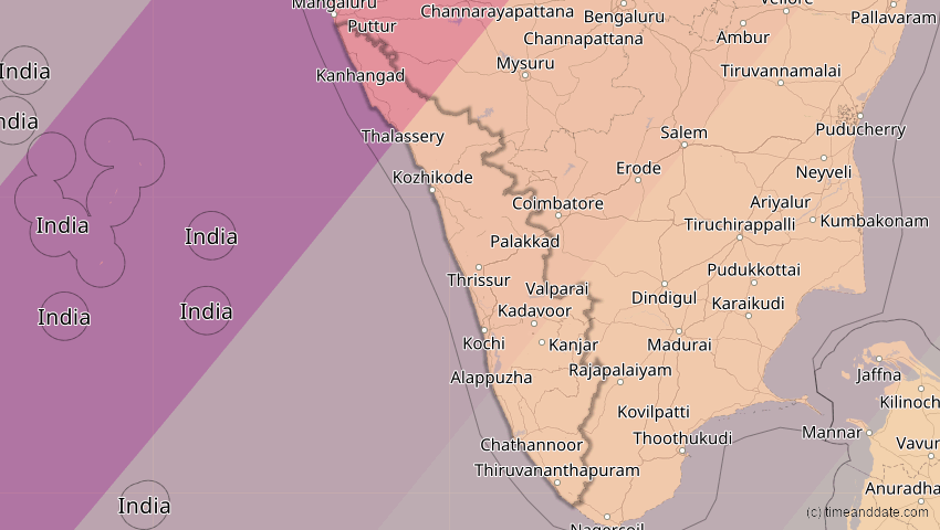 A map of Kerala, Indien, showing the path of the 17. Feb 2064 Ringförmige Sonnenfinsternis