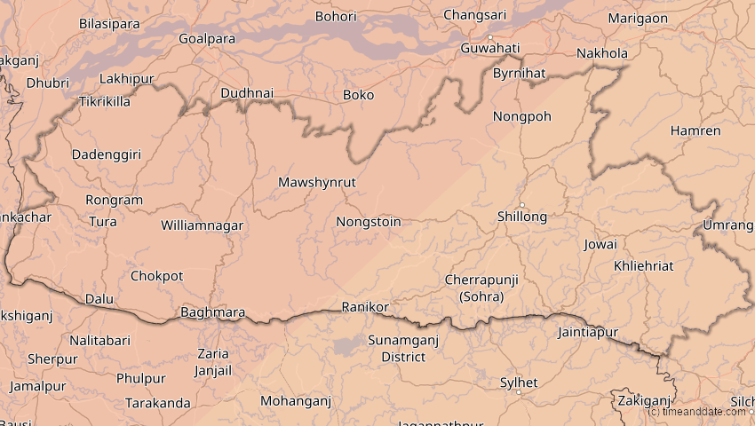 A map of Meghalaya, Indien, showing the path of the 17. Feb 2064 Ringförmige Sonnenfinsternis