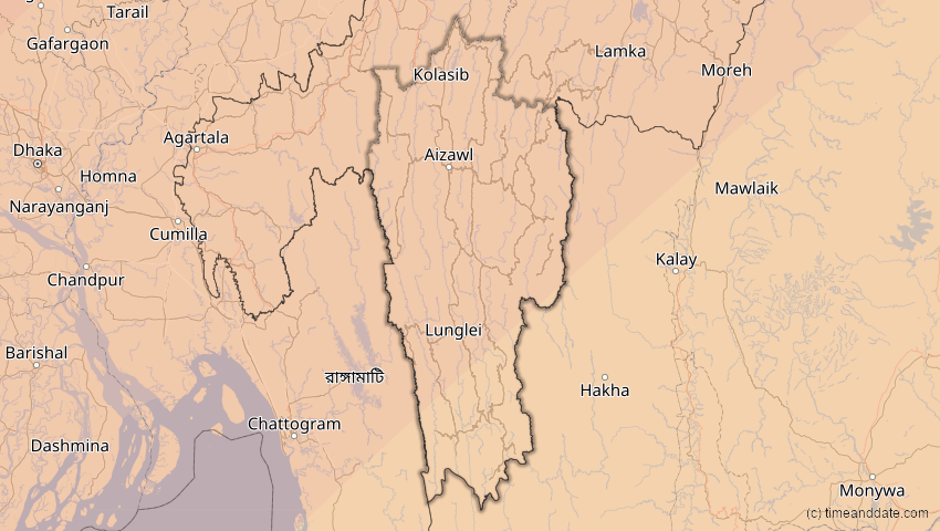 A map of Mizoram, Indien, showing the path of the 17. Feb 2064 Ringförmige Sonnenfinsternis