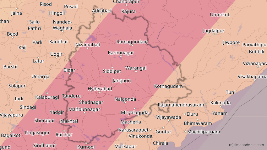 A map of Telangana, Indien, showing the path of the 17. Feb 2064 Ringförmige Sonnenfinsternis