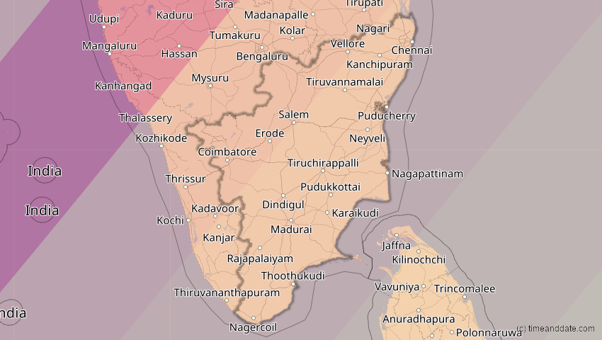 A map of Tamil Nadu, Indien, showing the path of the 17. Feb 2064 Ringförmige Sonnenfinsternis