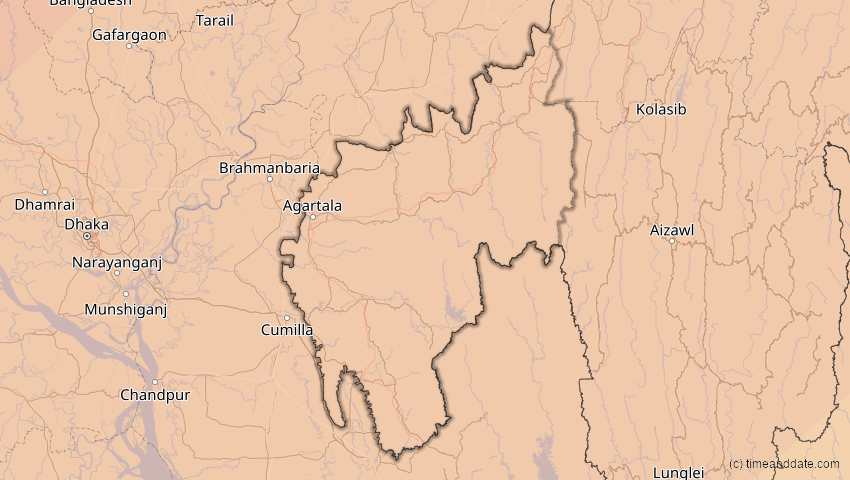 A map of Tripura, Indien, showing the path of the 17. Feb 2064 Ringförmige Sonnenfinsternis