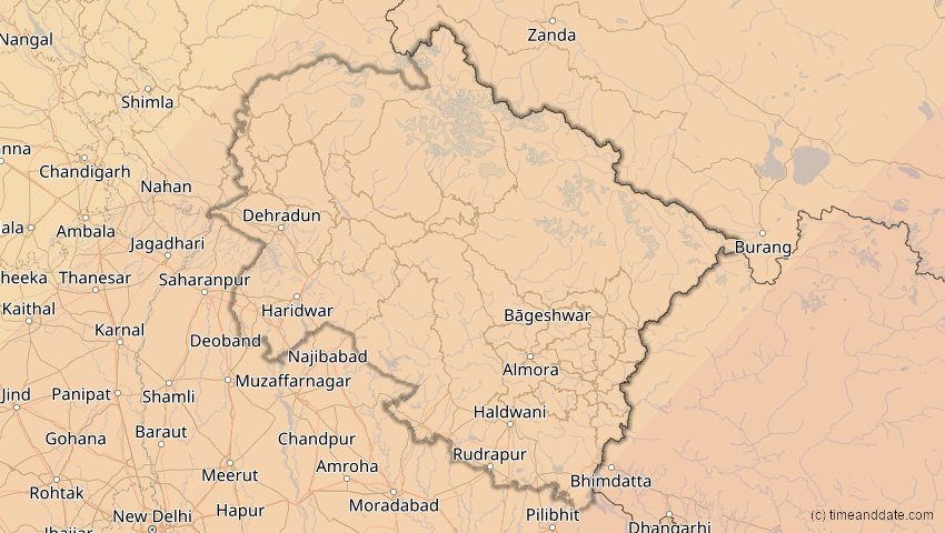 A map of Uttarakhand, Indien, showing the path of the 17. Feb 2064 Ringförmige Sonnenfinsternis
