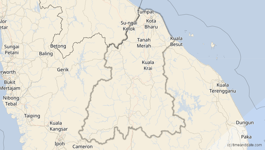 A map of Kelantan, Malaysia, showing the path of the 17. Feb 2064 Ringförmige Sonnenfinsternis