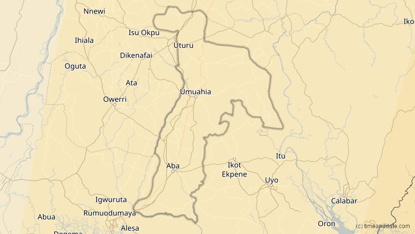 A map of Abia, Nigeria, showing the path of the 17. Feb 2064 Ringförmige Sonnenfinsternis