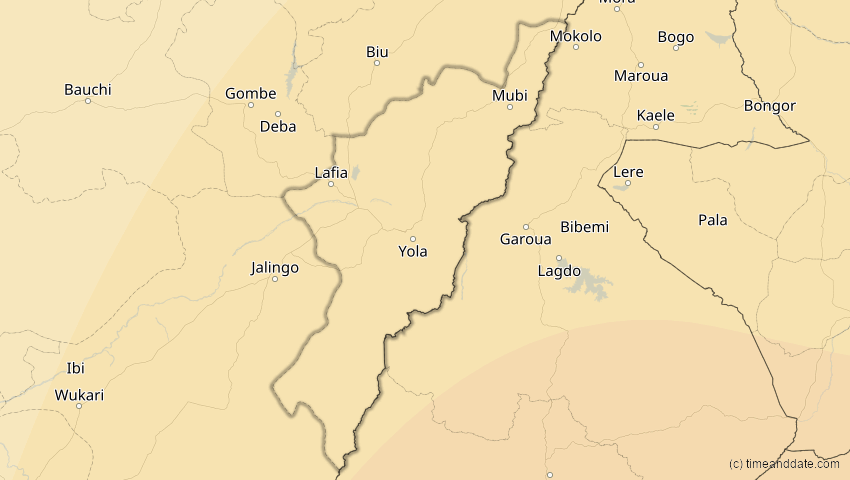 A map of Adamawa, Nigeria, showing the path of the 17. Feb 2064 Ringförmige Sonnenfinsternis