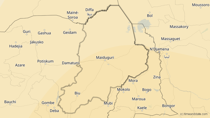 A map of Borno, Nigeria, showing the path of the 17. Feb 2064 Ringförmige Sonnenfinsternis