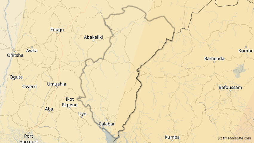 A map of Cross River, Nigeria, showing the path of the 17. Feb 2064 Ringförmige Sonnenfinsternis