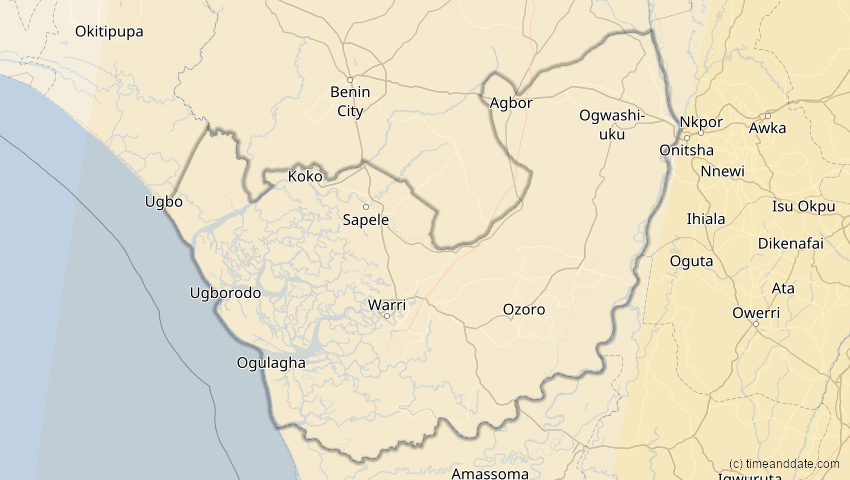 A map of Delta, Nigeria, showing the path of the 17. Feb 2064 Ringförmige Sonnenfinsternis