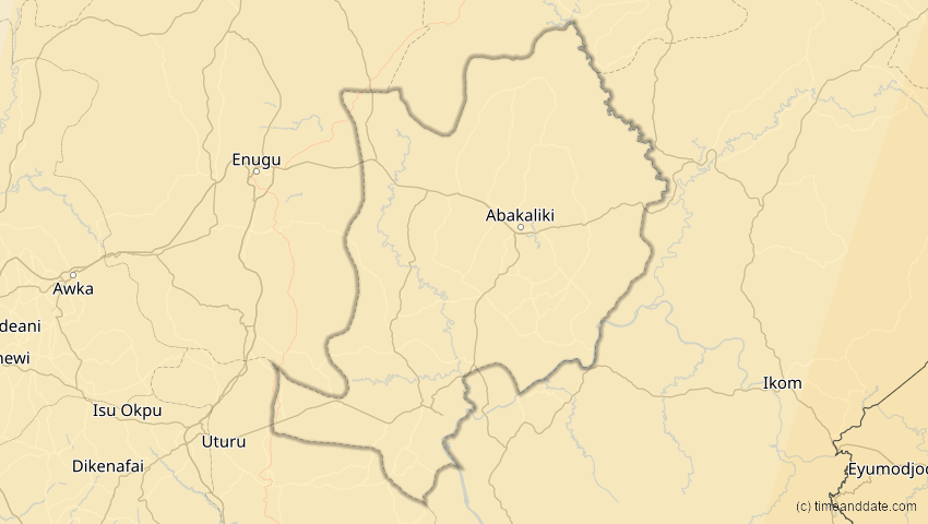 A map of Ebonyi, Nigeria, showing the path of the 17. Feb 2064 Ringförmige Sonnenfinsternis