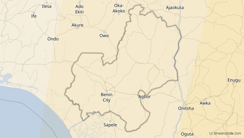 A map of Edo, Nigeria, showing the path of the 17. Feb 2064 Ringförmige Sonnenfinsternis