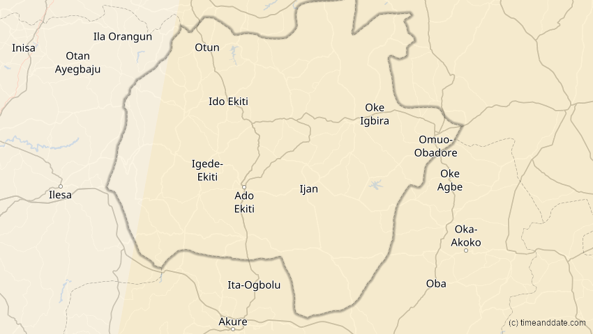A map of Ekiti, Nigeria, showing the path of the 17. Feb 2064 Ringförmige Sonnenfinsternis