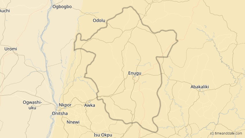 A map of Enugu, Nigeria, showing the path of the 17. Feb 2064 Ringförmige Sonnenfinsternis
