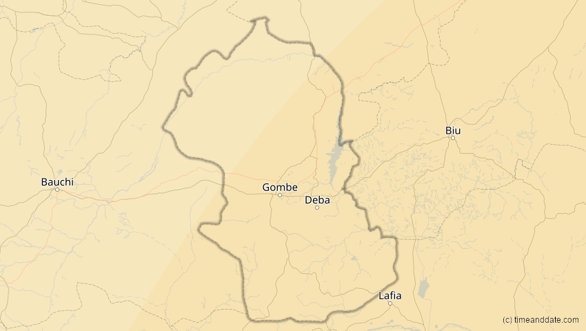 A map of Gombe, Nigeria, showing the path of the 17. Feb 2064 Ringförmige Sonnenfinsternis