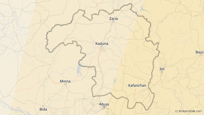 A map of Kaduna, Nigeria, showing the path of the 17. Feb 2064 Ringförmige Sonnenfinsternis