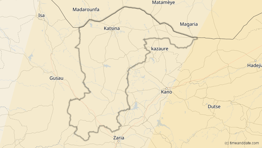 A map of Katsina , Nigeria, showing the path of the 17. Feb 2064 Ringförmige Sonnenfinsternis