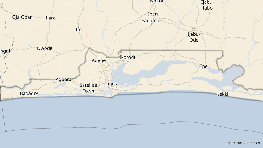 A map of Lagos, Nigeria, showing the path of the 17. Feb 2064 Ringförmige Sonnenfinsternis