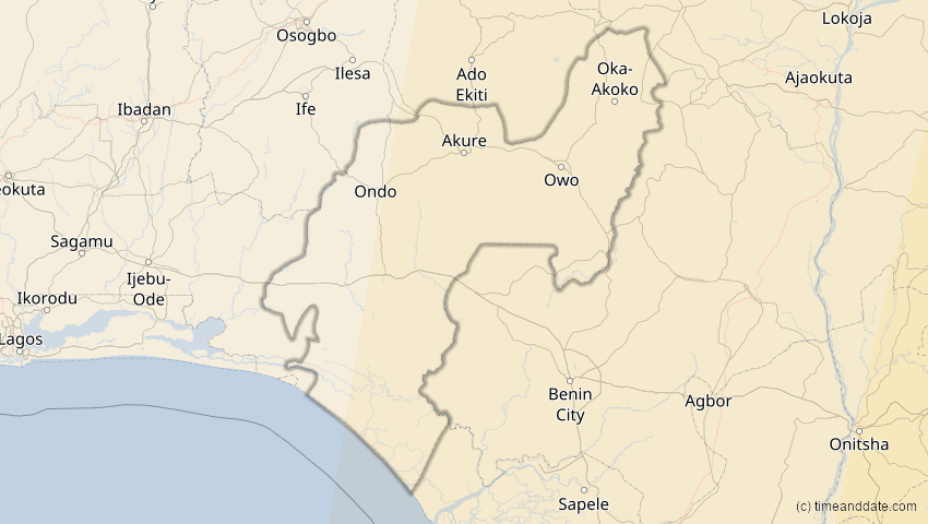 A map of Ondo, Nigeria, showing the path of the 17. Feb 2064 Ringförmige Sonnenfinsternis