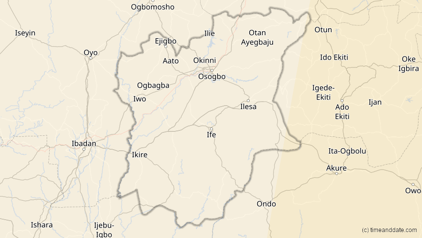 A map of Osun, Nigeria, showing the path of the 17. Feb 2064 Ringförmige Sonnenfinsternis