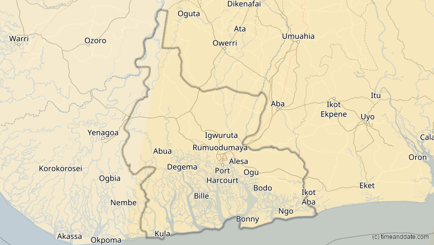 A map of Rivers, Nigeria, showing the path of the 17. Feb 2064 Ringförmige Sonnenfinsternis