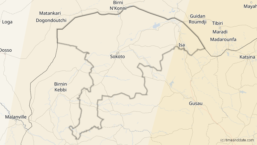 A map of Sokoto, Nigeria, showing the path of the 17. Feb 2064 Ringförmige Sonnenfinsternis