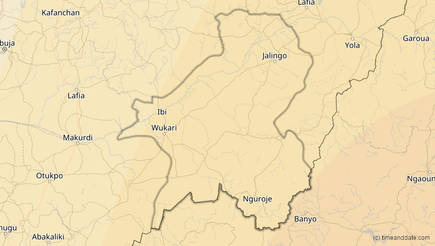A map of Taraba, Nigeria, showing the path of the 17. Feb 2064 Ringförmige Sonnenfinsternis