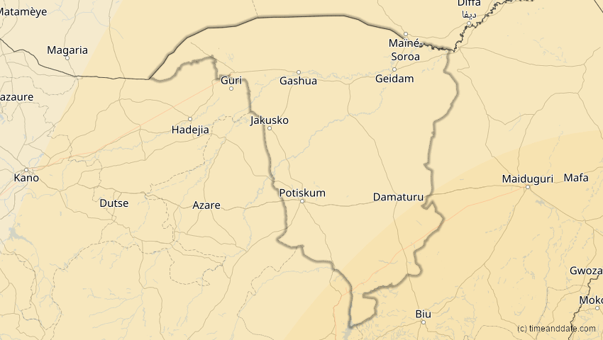 A map of Yobe, Nigeria, showing the path of the 17. Feb 2064 Ringförmige Sonnenfinsternis