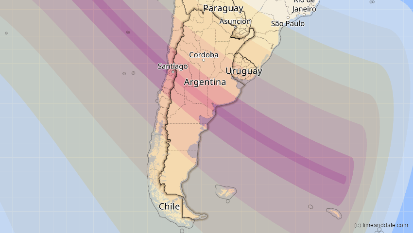 A map of Argentinien, showing the path of the 12. Aug 2064 Totale Sonnenfinsternis