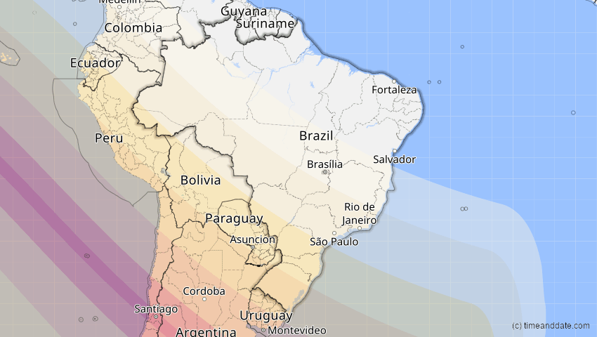 A map of Brasilien, showing the path of the 12. Aug 2064 Totale Sonnenfinsternis