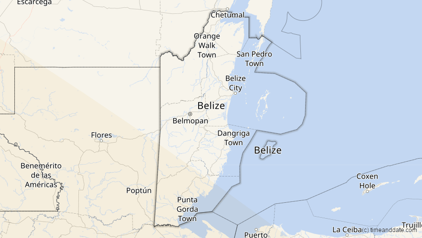 A map of Belize, showing the path of the 12. Aug 2064 Totale Sonnenfinsternis