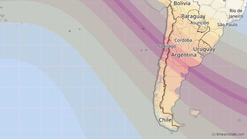 A map of Chile, showing the path of the 12. Aug 2064 Totale Sonnenfinsternis