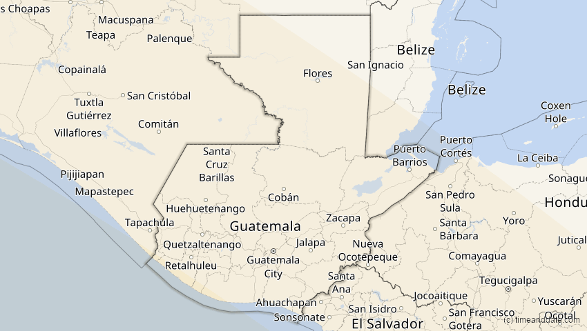 A map of Guatemala, showing the path of the 12. Aug 2064 Totale Sonnenfinsternis