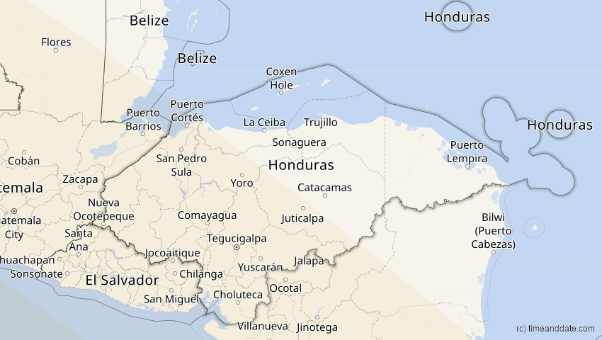 A map of Honduras, showing the path of the 12. Aug 2064 Totale Sonnenfinsternis