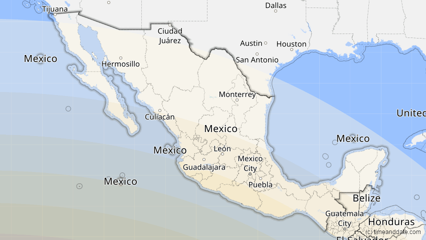 A map of Mexiko, showing the path of the 12. Aug 2064 Totale Sonnenfinsternis
