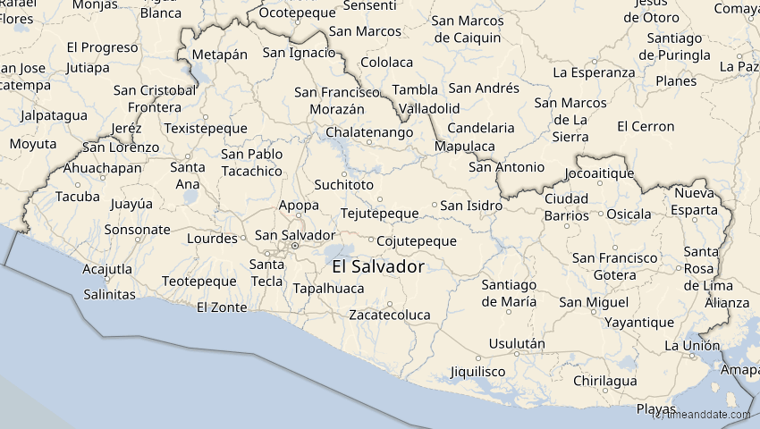 A map of El Salvador, showing the path of the 12. Aug 2064 Totale Sonnenfinsternis