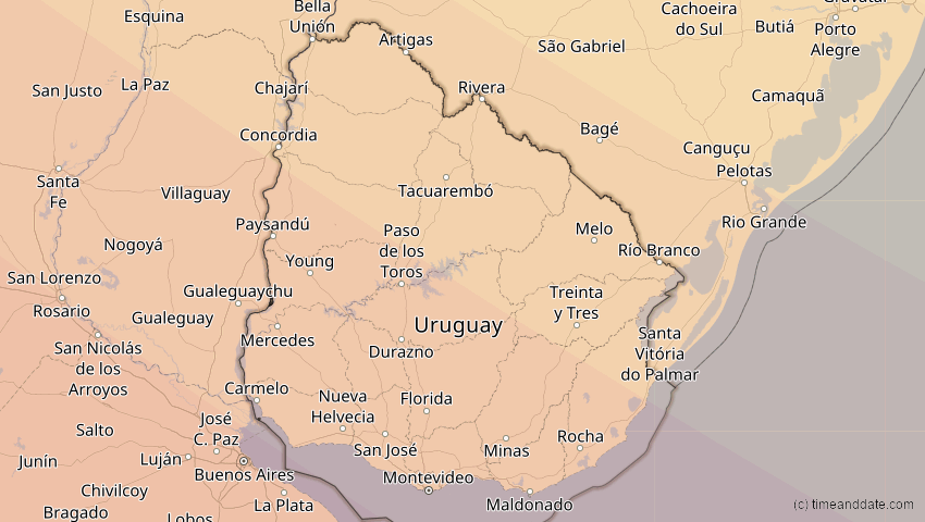 A map of Uruguay, showing the path of the 12. Aug 2064 Totale Sonnenfinsternis