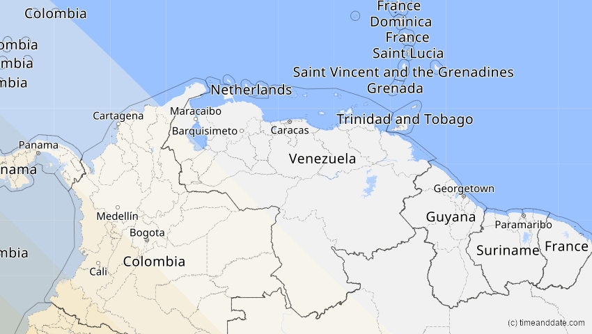 A map of Venezuela, showing the path of the 12. Aug 2064 Totale Sonnenfinsternis