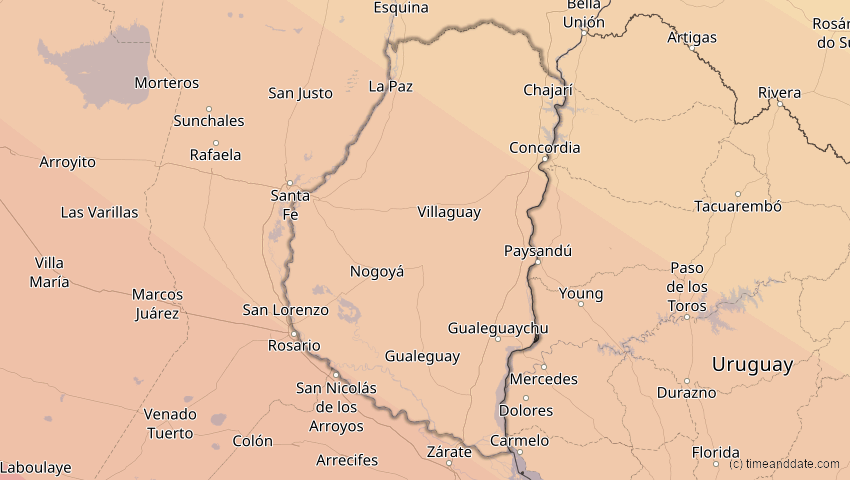 A map of Entre Ríos, Argentinien, showing the path of the 12. Aug 2064 Totale Sonnenfinsternis