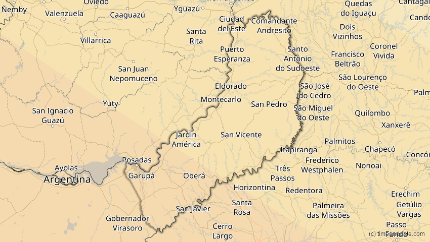 A map of Misiones, Argentinien, showing the path of the 12. Aug 2064 Totale Sonnenfinsternis