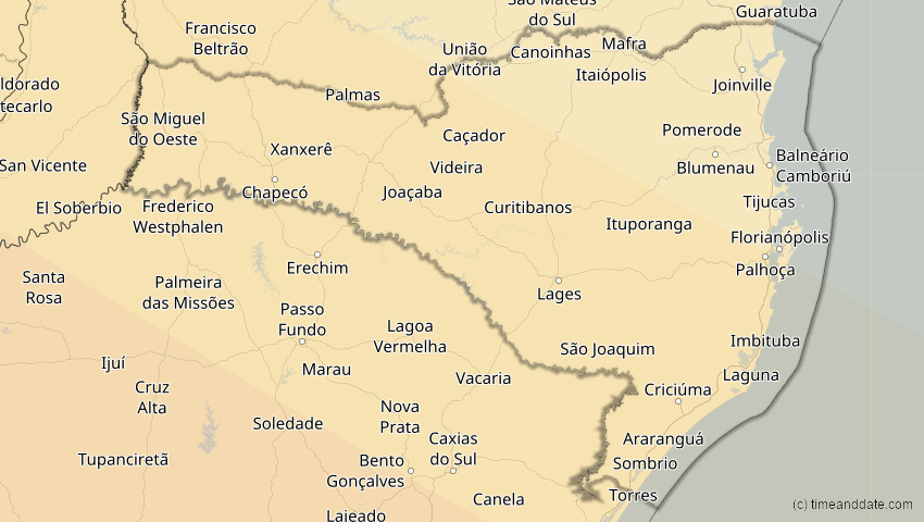 A map of Santa Catarina, Brasilien, showing the path of the 12. Aug 2064 Totale Sonnenfinsternis