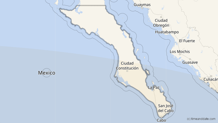 A map of Baja California Sur, Mexiko, showing the path of the 12. Aug 2064 Totale Sonnenfinsternis