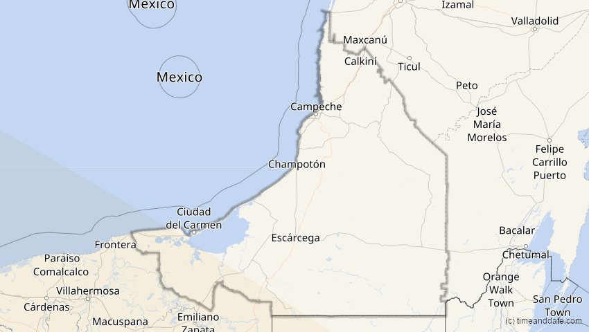 A map of Campeche, Mexiko, showing the path of the 12. Aug 2064 Totale Sonnenfinsternis
