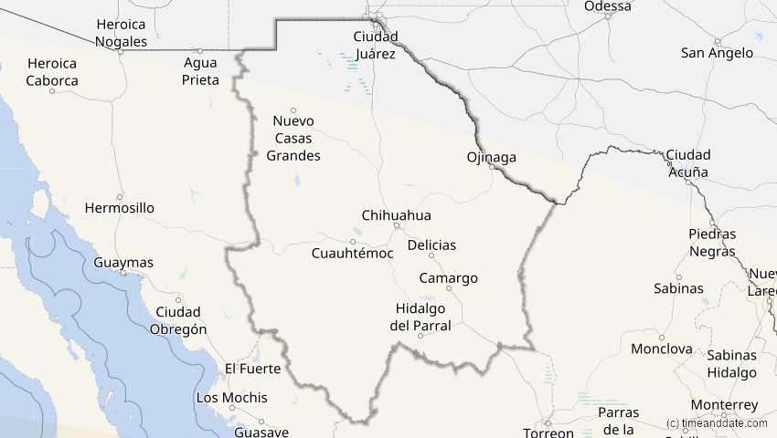 A map of Chihuahua, Mexiko, showing the path of the 12. Aug 2064 Totale Sonnenfinsternis