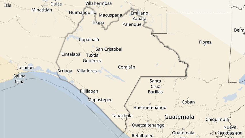 A map of Chiapas, Mexiko, showing the path of the 12. Aug 2064 Totale Sonnenfinsternis