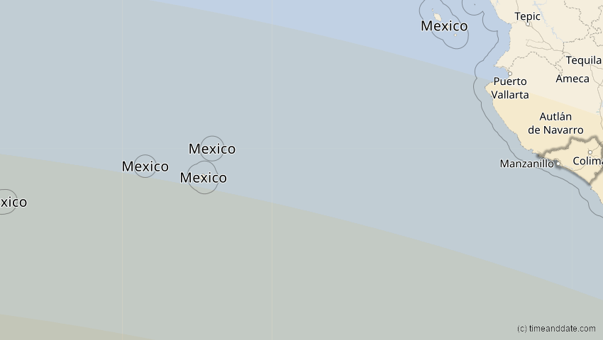 A map of Colima, Mexiko, showing the path of the 12. Aug 2064 Totale Sonnenfinsternis